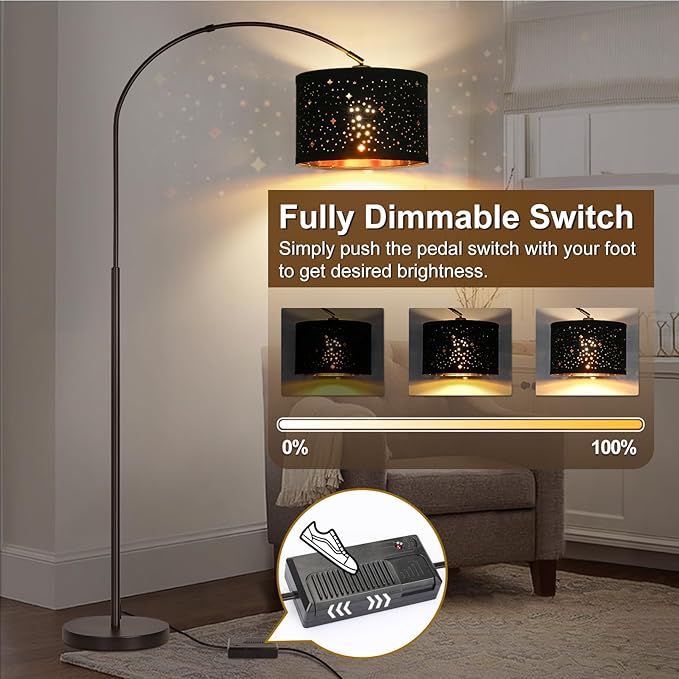 Dimmable Floor Lamp, Arc Floor Lamp for Living Room, Arched Tall Modern Standing Lamp with Adjustable Star Shade, Black Mid Century Light Tall Pole Lamp for Bedrooms,Office, 9W LED Bulb Included