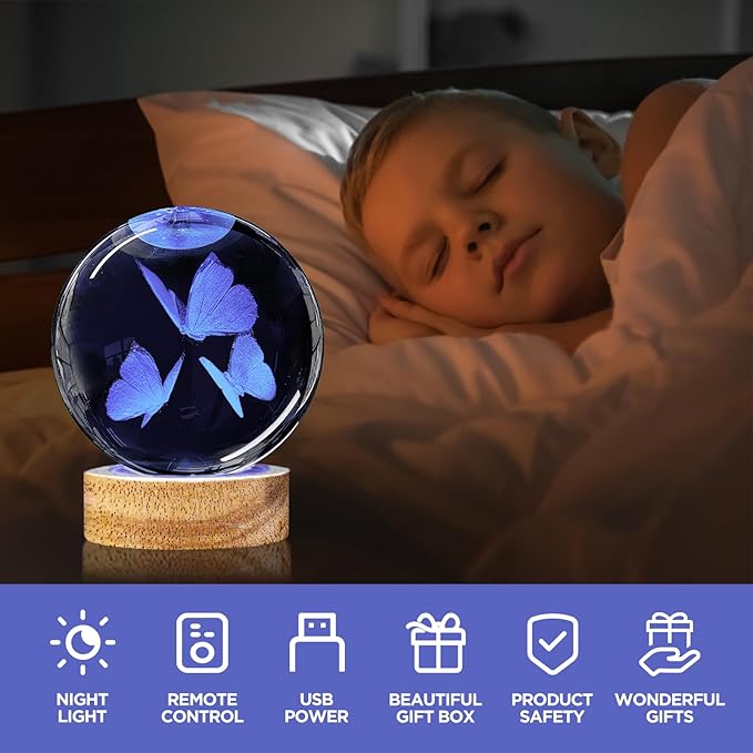 3D Butterfly Crystal Ball Night Light with Woodern Base, 3.15" Butterfly Figurine Glass Lamp with 16 Colors Cute Desk Decor for Home Butterfly Gifts for Women Kids Friends