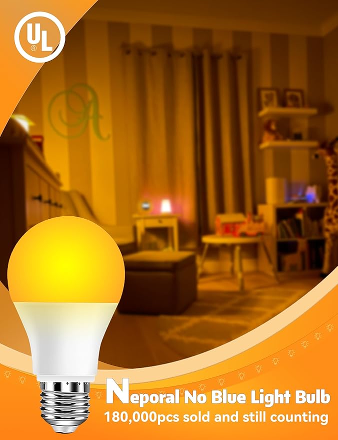 Neporal Amber Light Bulbs, 9W, 60W Equivalent, A19, Soft, Blue Light Blocking, Warm, 1800K, Night Light, Dim, Healthy Sleep and Baby Nursery (6)
