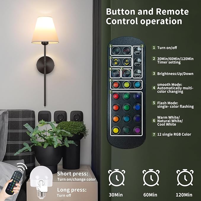 Battery Operated Wall Sconce Set of 2,15 Colors Wireless Wall Light With Dimmable Remote Control Last 18-50 Hours,Black Rechargeable Wall Lamp With White Fabric Shade For Living Room Bedroom Hallway