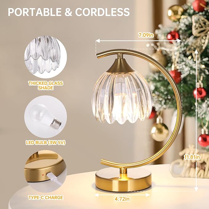 Set of 2 Tulip Table Lamp, 5200mAh Cordless Touch Control Table Lamp with 3 Color Temps & Stepless Dimming, Rechargeable Battery Table Lamp for Living Room, Bedroom, Shelf (Transparent Tulip)