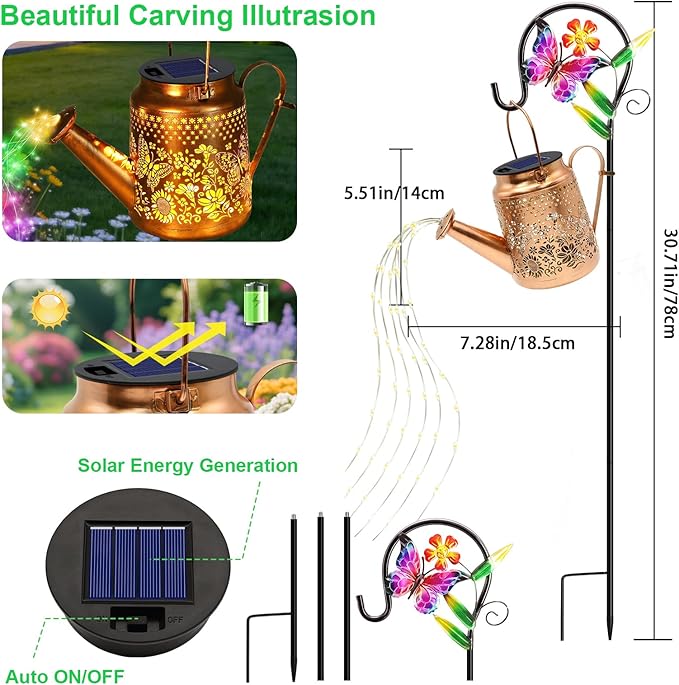 ANGMLN Butterfly Solar Lights Outdoor Waterproof, Birthday Gifts for Mom Grandma Women, Solar Watering Can Lights with Shepherd Hook, Metal Hanging Lantern Garden Decor Yard Outside Patio Lawn