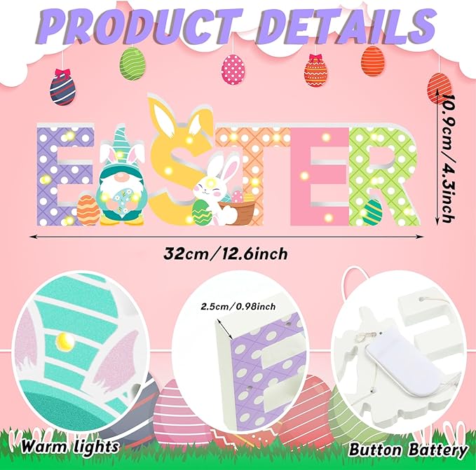 Menkxi Easter Wooden Decoration "EASTER" Letter Table Decor LED Light up Wooden Sign with Bunny and Gnome Tiered Tray Decor for Home Spring Party Room Desk Decoration