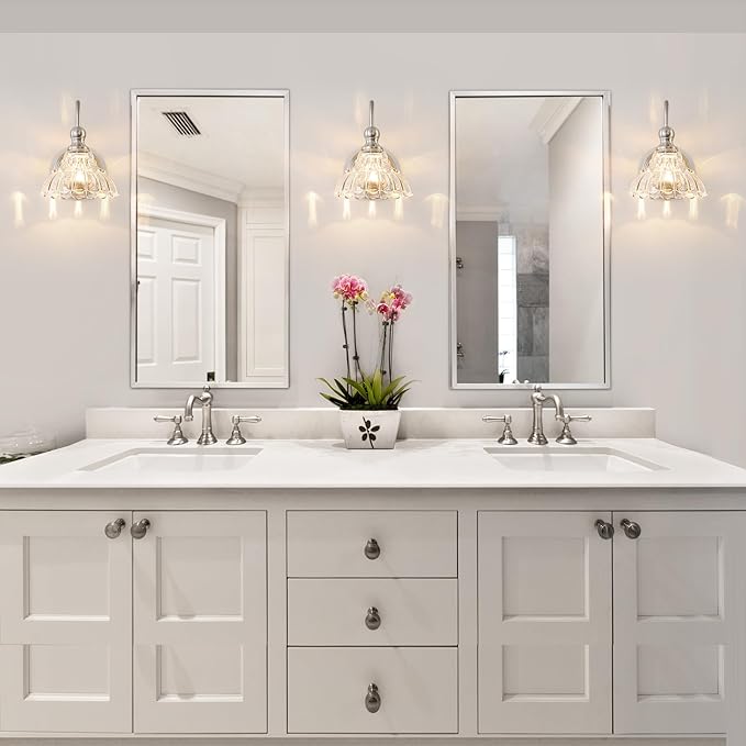 Vintage Bathroom Light Fixtures Over Mirror, 1-Light Brushed Nickel Wall Sconce Lighting with Flower Glass Shade, Farmhouse Vanity Lights for Bedroom Kitchen Living Room Hallway Light