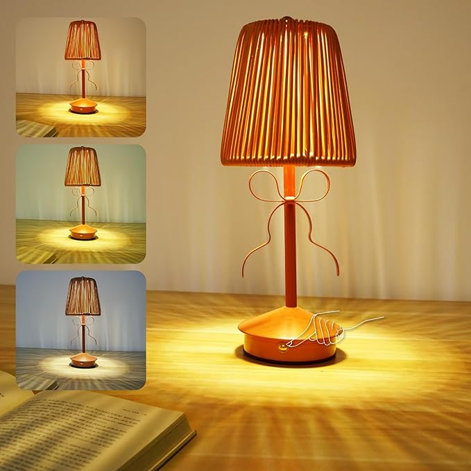 Boho Bow Rattan Table Lamp, Cordless Wicker Woven Vintage Table Lamp - LED Rechargeable Touch Control 3 Color Dimmable Reading Bedside Lamp for Bedroom Living Room Office, Home Outdoor Decor