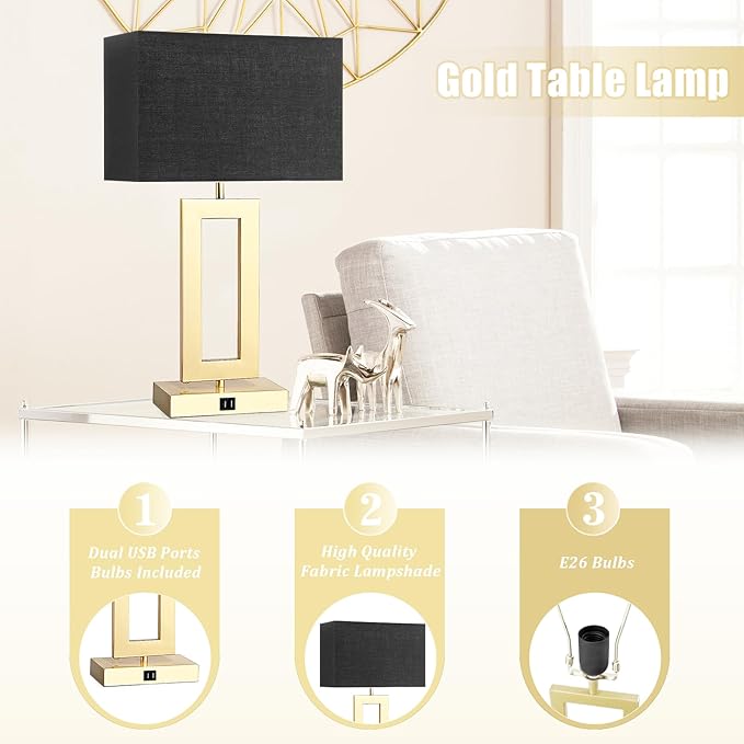 Black Table Lamps Set of 2 with Dual USB Ports,3-Way Dimmable Touch Control Bedside Lamps,22inch Tall Modern Bedroom Table Lamp for Living Room,Nightstand LED Bulbs Included