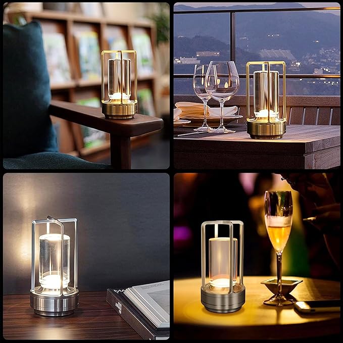 Cordless Table Lamp Rechargeable Portable Metal Touch Small Desk Lamp,Indoor/Outdoor Battery Operated LED Night Light,3Color Stepless Dimming Crystal Lantern Suitable bedrooms,Bars,cafes,Camping,Gold