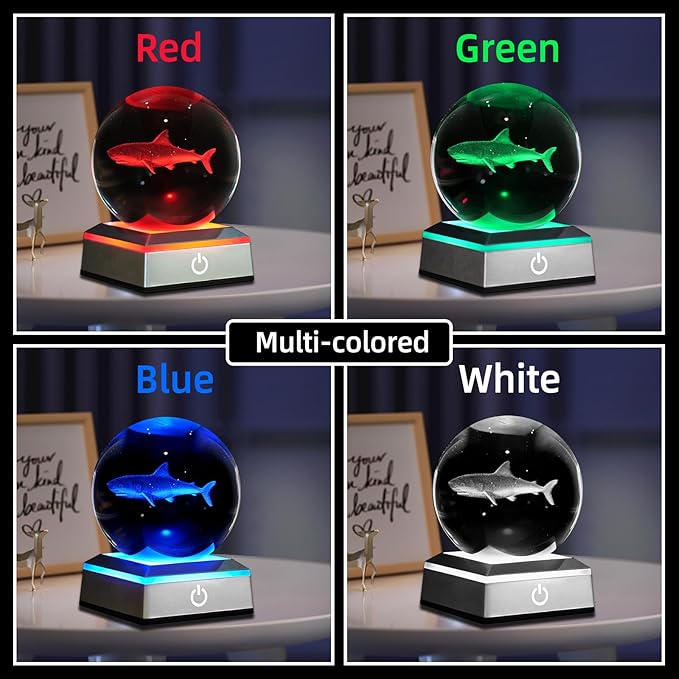 3D Shark Crystal Ball Night Light 3.15 inch Glass Ball Table Lamp with Color Changing Touch Base Decor Ideal Sharks Gifts for Friends Kids Christmas Birthday