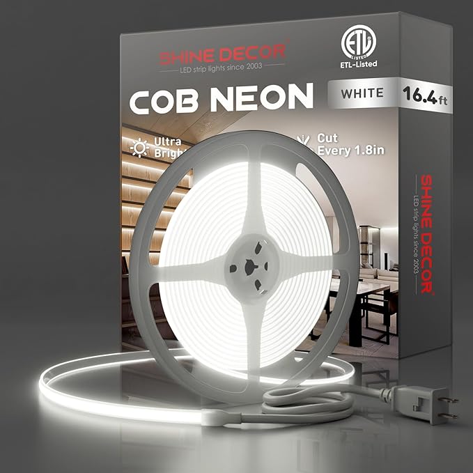 Shine Decor COB LED Rope Light AC 120V, 800lm Ultra Bright, IP65 Waterproof Cold-Resistant ETL Neon Strip, No Driver Tape Lighting for Home Commercial 10x4.5mm, 6000K Cool White, 16.4ft