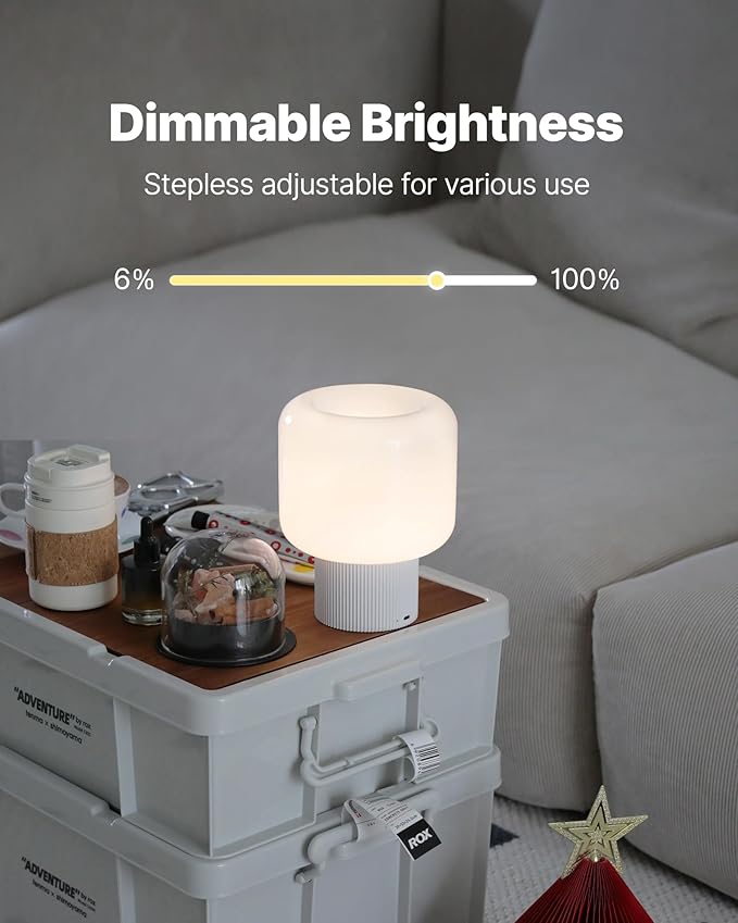 Halo Mushroom Lamp, 5W Cute Cordless Rechargeable Table Lamp with Glass Shade, 3 Color Temps LED Dimmable Ambient Lighting, Small Retro Touch Bedside Light for Bedroom Decor, White