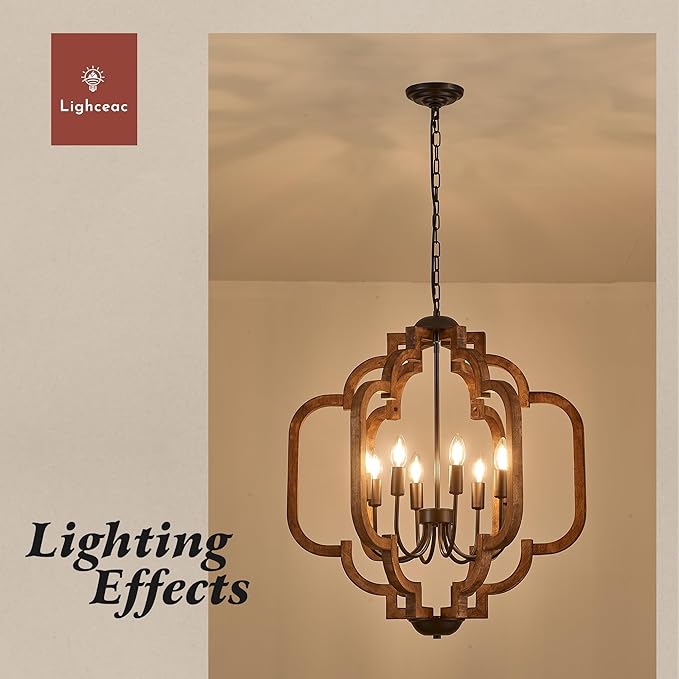 24.6" Farmhouse Vintage Chandelier 8-Light for Dining Room Rustic Handmade Wood Hanging Ceiling Pendant Light Fixture for Entryway Brown Retro Chandeliers for Kitchen Bedroom Foyer Hallway