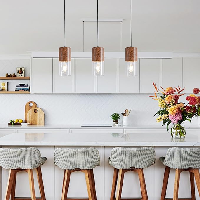 3-Pack Modern Pendant Lights for Kitchen Island, Adjustable Pendant Light Fixtures with Brown Wood Grain, Industrial Clear Glass Pendant Lights for Dining Table Hallway Bedroom Living Room