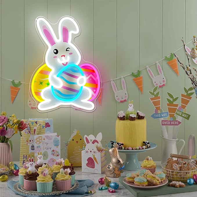 Easter Neon Sign Bunny Led Sign Printing Easter Wall Decor Bunny Eggs Light Sign Rabbit Decorations for Door Window Easters Gifts for Kids