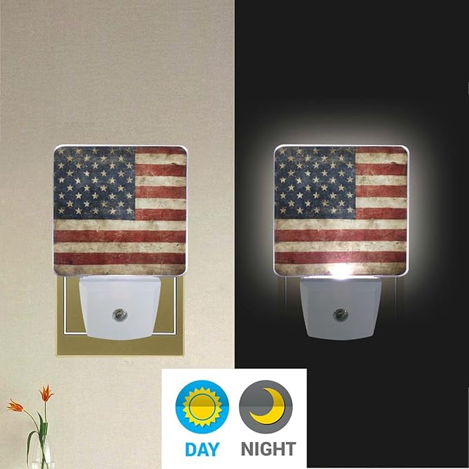 Grunge American Flag Night Light 4th of July Memorial Day Nightlights Plug-in LED Patriotic Nightlight Set of 2 Auto Dusk-to-Dawn Sensor Lamp for Bedroom Bathroom Kitchen Hallway Stairs