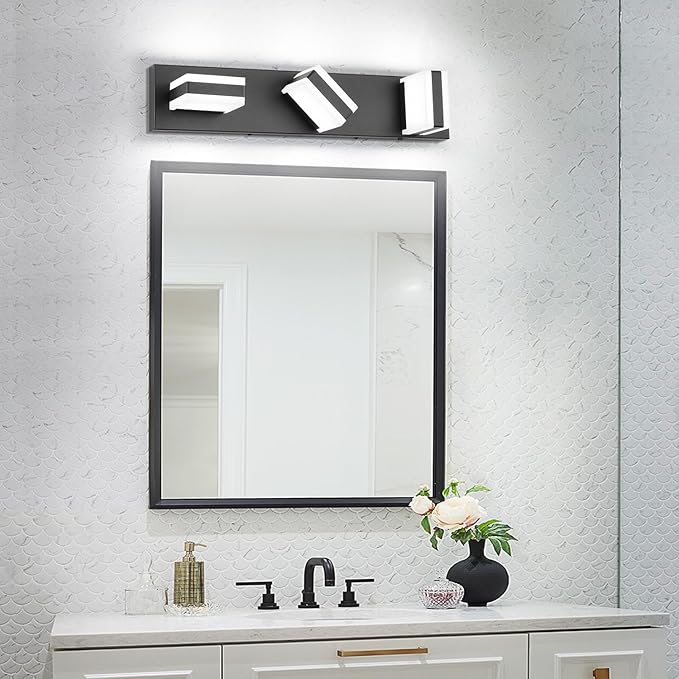 SOLFART LED Dimmable Black Vanity Light Over Mirror,3 Lights Bathroom Light Fixtures, Restroom Modern Vanity Lighting for Bathroom Cool Light 6000K
