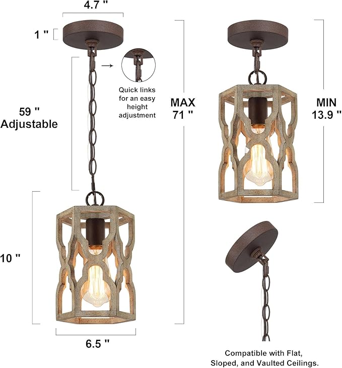 KSANA Farmhouse Wood Pendant Light, Cage Lantern Hanging Light Fixture for Kitchen Island, Foyer, Hallway, Bedroom and Entryway