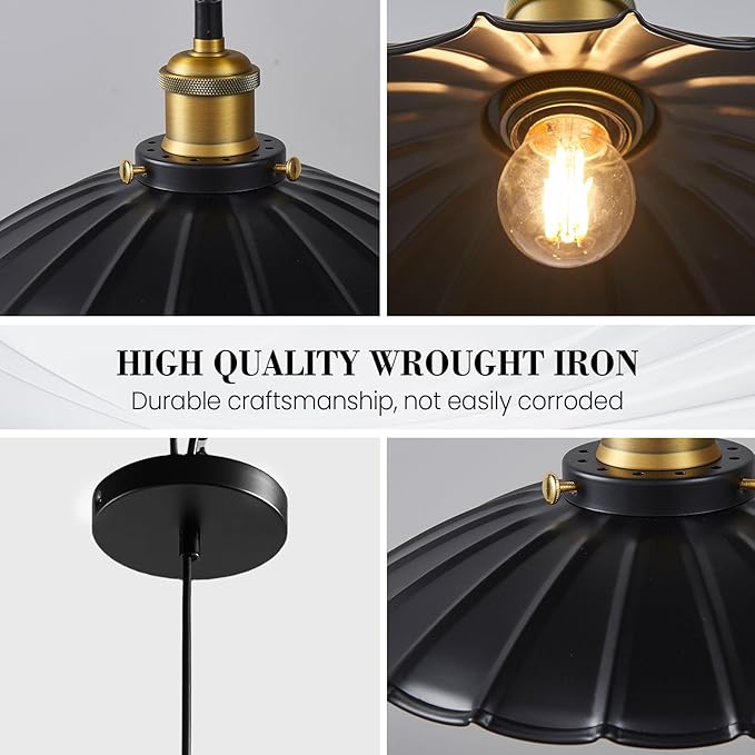 Black Pendant Light, 9.8 Inch Retro Hanging Lamp for Bedroom, Glossy Hanging Kitchen Lights Living Room Height Adjustable Pleated Pendant Light