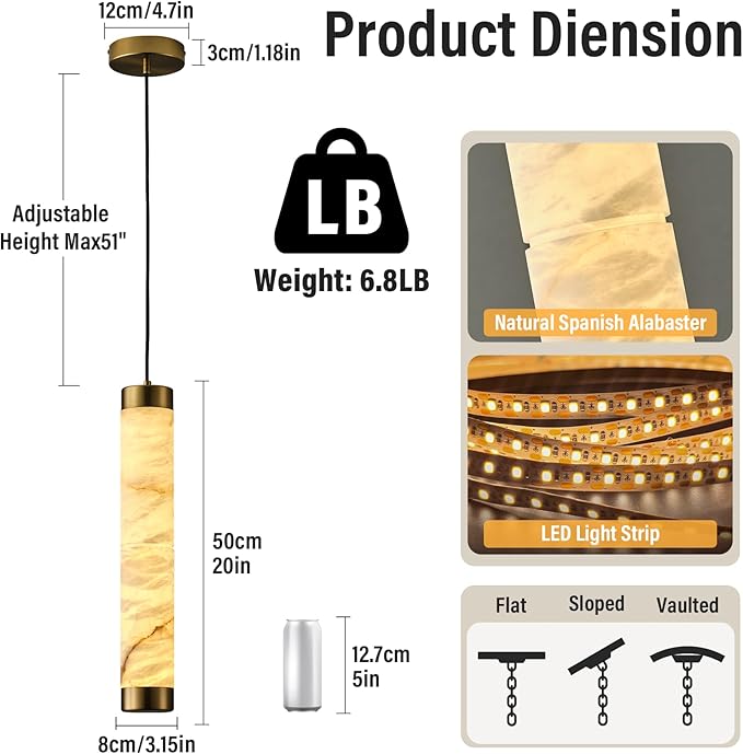 20" Alabaster Pendant Lights, 2PCS Natural Marble Cylinder Brass Pendant Light, Adjustable Modern Ceiling Light Fixtures for Kitchen Island, Dining Room, Bedroom, Living Room, Bathroom