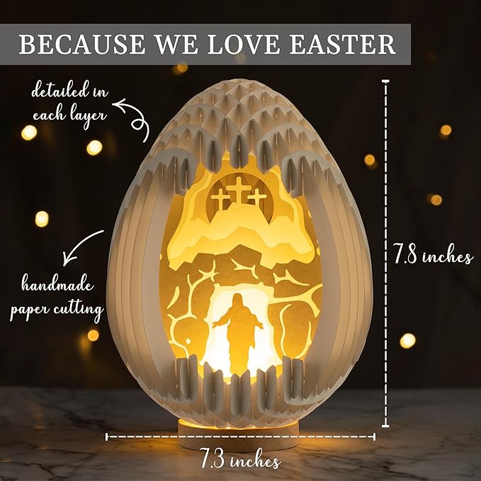 Lighted Easter Egg Centerpieces for Tables Indoor, Resurrection Scene, Paper Easter Decoration for Tabletop, Mantel, Religious Christian Cross Decor, Rabbit Home Decor (He is Risen)