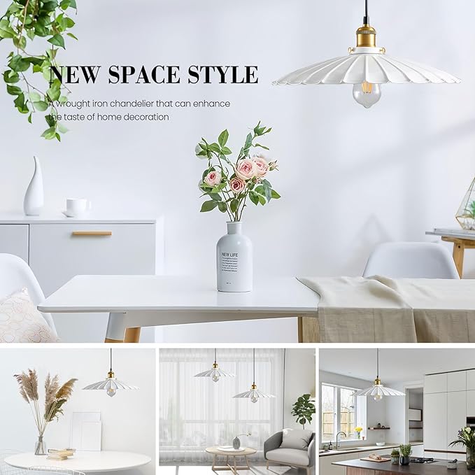 Pendant Lights, 13.8 Inch Glossy White Lampshade Hanging Kitchen Lights 7Ft Height Adjustable Island Pendant Lights for Kitchen Industrial Style Hanging Light for Bedroom 2Pack