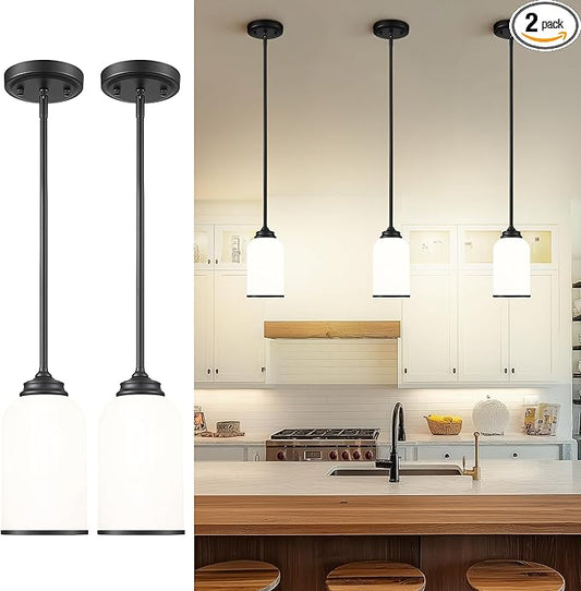 LIROUVET 2 Pack Pendant Lights Kitchen Island, Modern Pendant Lights, Black Hanging Lamp with Milk Glass, Industrial Pendant Light Fixtures for Dining Room PL02 MGBK-2PK
