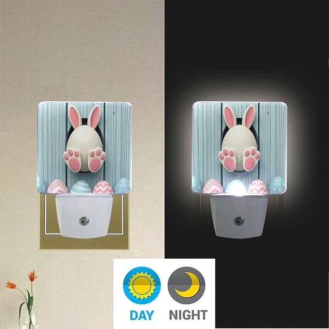 Vdsrup Funny Easter Rabbit Night Light Set of 2 Cute Eggs Bunny Plug-in LED Nightlights Auto Dusk-to-Dawn Sensor Lamp for Bedroom Bathroom Kitchen Hallway Stairs