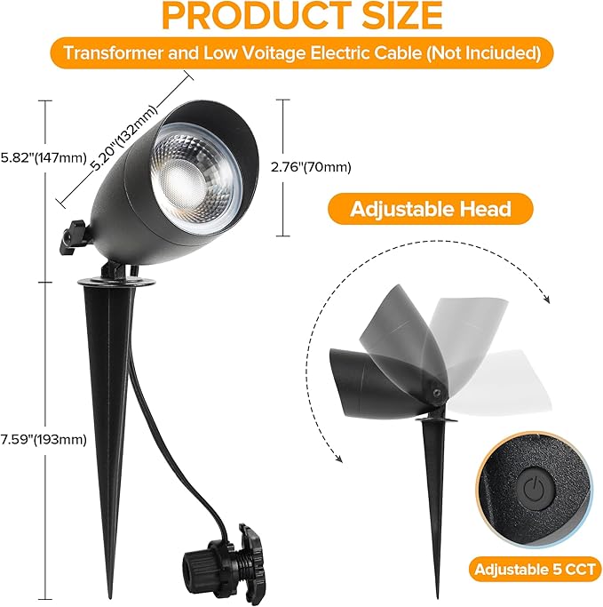 LUTEC 5CCT 12V Low Voltage Landscape Lighting Die-cast Aluminum Spot Lights with Connectors, IP65 Outdoor Landscape Spotlights, 7W 650LM for Tree Garden, 8 Pack (No Transformer Kits)