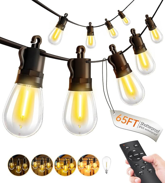 Outdoor String Lights Patio LED Light Outside - 20M 18+1 S14 LED with Remote Control 65ft Porch Lighting IP65 Waterproof