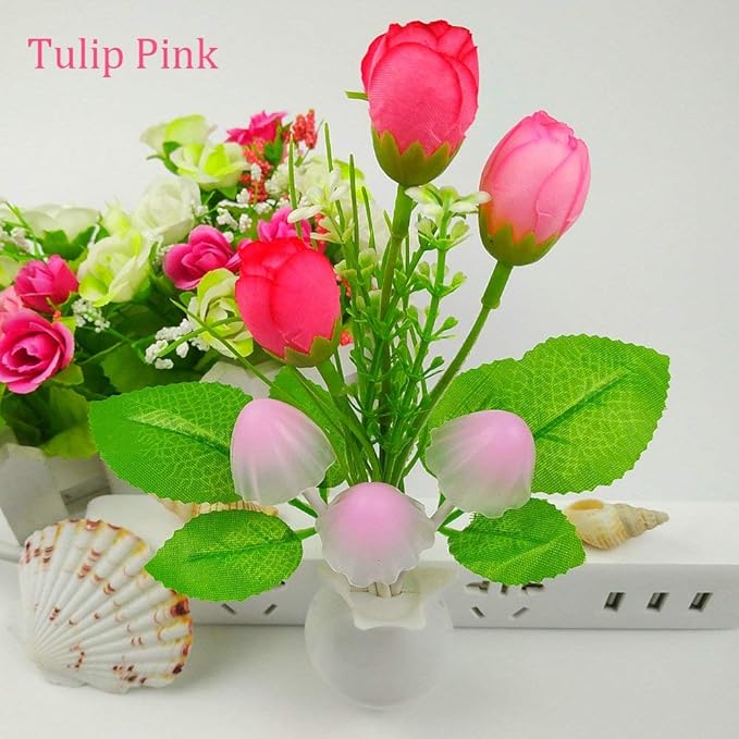 4 Pack Mushroom Night Light, Tulip Clove Plum Flowers Plants Plug-in Mushrooms Colors Changing Nightlight Colorful LED Wall Lamp Little Night Lights for Bathroom Bedroom Corridor Nursery