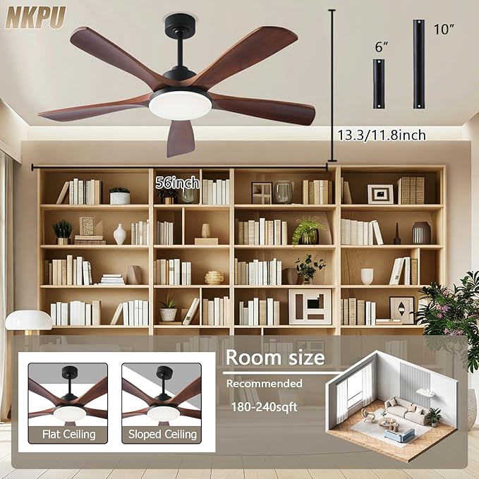 Ceiling Fans with Lights and Remote Control, 5 Solid Wood Blades, 3CCT Dimmable, Quiet DC Motor, 56 Inch Modern Outdoor Ceiling Fans for Bedroom Farmhouse Patios