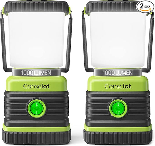 Consciot LED Battery Powered Camping Lantern, 1000LM, 4 Light Modes, IPX4 Waterproof Portable Tent Flashlight for Power Outages, Emergency, Hurricane, Hiking, Light Green, 2-Pack