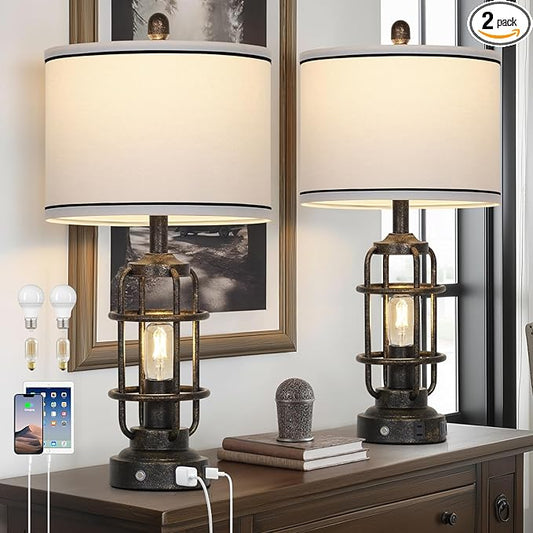 26" Vintage Industrial Table Lamps Set of 2, Farmhouse 3 Way Dimmable Touch Control LED Night Lights Table Lamp with USB A+C Ports & AC Outlet, Rustic Retro Beside Nightstand Lamp for Bedrooms Bronze