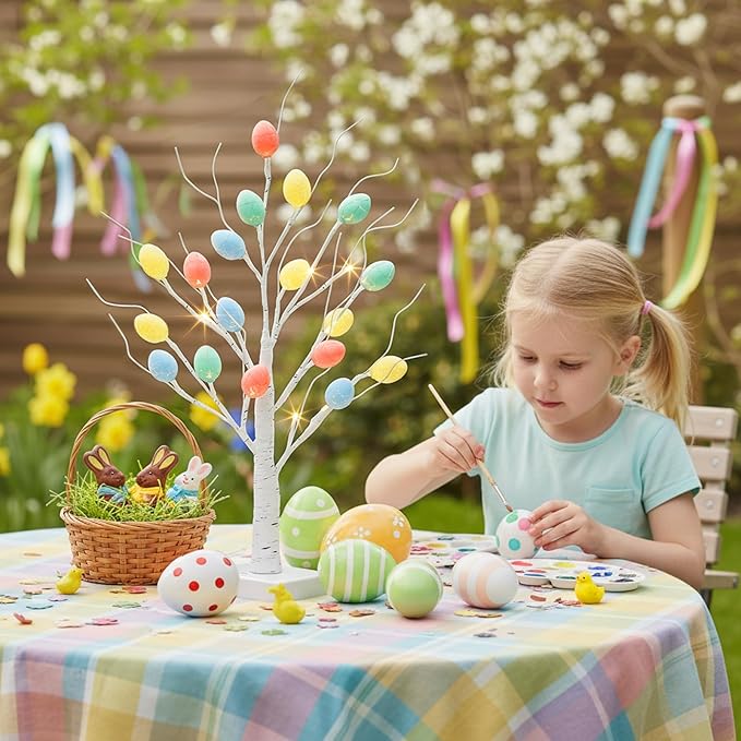PEIDUO Easter Decorations, 22 inch Easter Tree with 24 LED Warm White, Battery Powered Egg Tree for Spring Home Table Decor