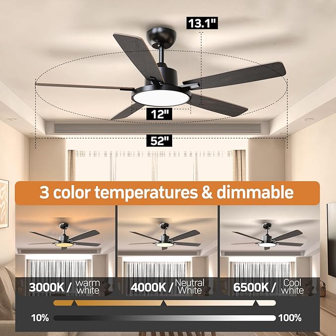 TALOYA 52 Inch Black Walnut Ceiling Fans with Lights Led Remote Control Flush Mount Low Profile for Bedroom Living Dining Room Outdoor Farmhouse,Reversible,DC Motor,Diammable,Buzzer ON/Off,5 Blades