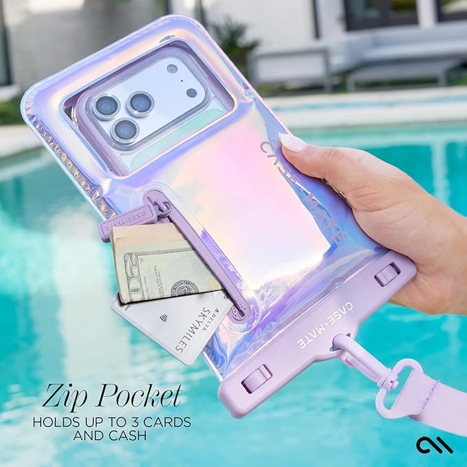 Case-Mate Soap Bubble IP68 Waterproof Phone Pouch with Zip Pocket for 3 Cards & Cash - Large Floating Phone Case w/Crossbody Lanyard - Cruise Travel Essentials Compatible w/All Devices - Iridescent