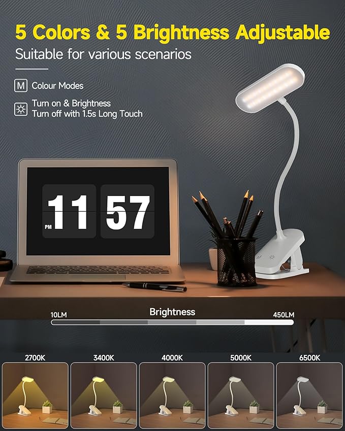CUHIOY Desk Lamp with Clamp, Portable Cordless Rechargeable Clip on Reading Light, Eye-Caring LED Dorm Bunk Bed Light, 5 Colors 5 Brightness Flexible Neck Architect Lamp for Studying Crafting (White)