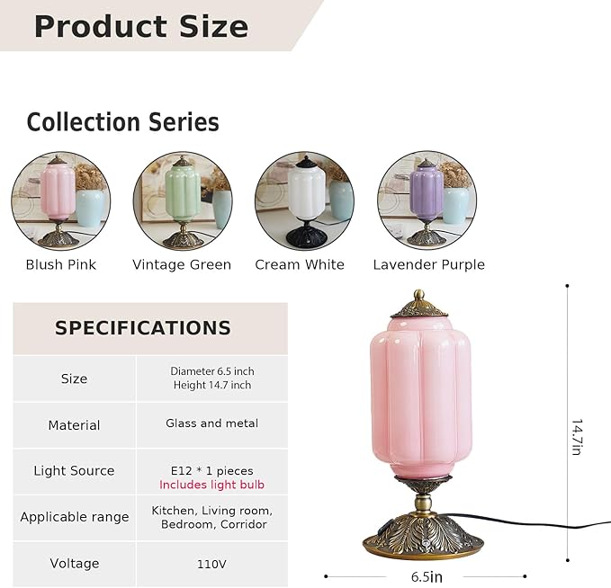 Vintage Pink Glass Touch Table Lamp, Elegant Milk Glass Bedside Desk Lamp 3 Way Dimmable with USB C+A Charging Ports - Bedroom Nightstand & Living Room Essential, 4W Bulb Included (Pink, 6.5)