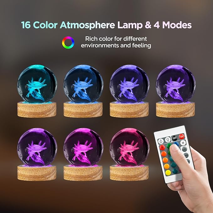 3D Axolotl Crystal Ball Night Light with 16 Color, Unique 60mm Axolotl Figurines Glass Ball Lamps with Remote Cool Axolotl Toy Room Table Decor Birthday Christmas Gifts for Boys Girls Kids Friends