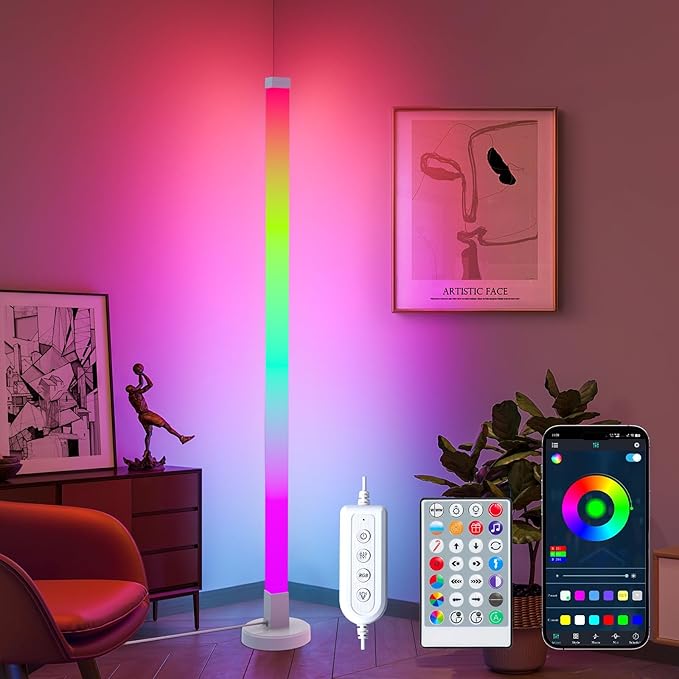 DIY Corner Floor Lamp with Remote Control, RGB Corner Lamp 59 IN (150 CM), LED Smart Standing lamp Light with Music Sync, 16 Million Colors, Ambient Lighting for Bedroom/Living Room/Game Room