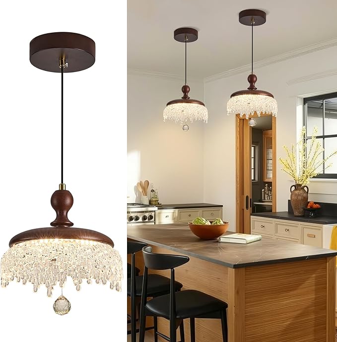 Farmhouse Wood Pendant Light,LED Hanging Pendant Light with Walnut Finish,Warm 3000K Wood Chandelier for Kitchen Island,Dining Room,Entryway（1 Pack）