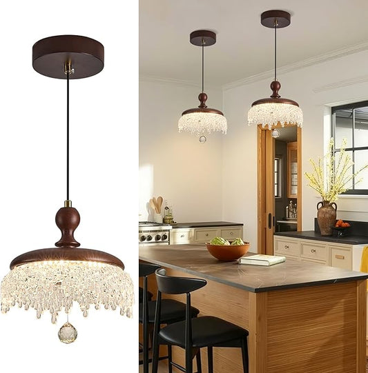 Farmhouse Wood Pendant Light,LED Hanging Pendant Light with Walnut Finish,Warm 3000K Wood Chandelier for Kitchen Island,Dining Room,Entryway（1 Pack）