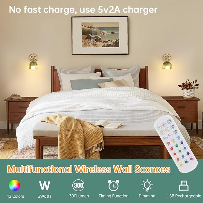 Vintage Battery Operated Wall Sconce Set of 2, 5000mAh Rechargeable Wall Light, Indoor Battery Powered Wall Lamp for Bedside Bedroom Living Room, Tulip Green