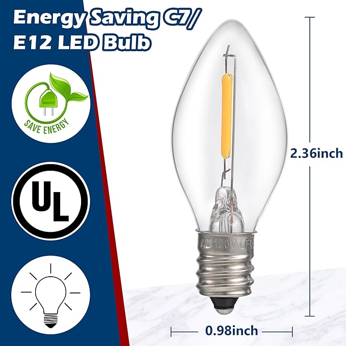 6 Packs 6ft Village Light Cord with 1W C7 LED Bulb, Salt Lamp Cord with ON/Off Switch and 2 Spare Fuses, Blow Mold Light Ideal for Christmas Village House Craft Decorations