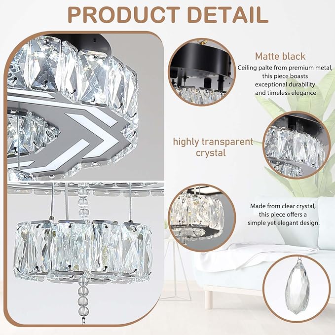Flashing God 12" Modern Crystal Chandeliers Black Flush Mount Ceiling Chandelier Mini Chandelier for Hallway LED Dimmable Crystal Pendant Light for Dining Room Living Room Bedroom