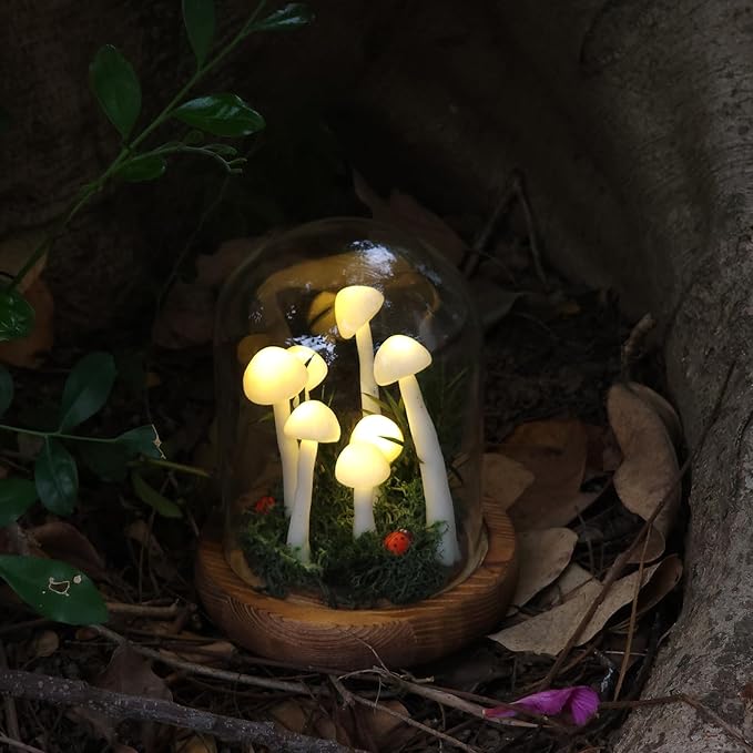 White Mushroom Lamp, Decor LED Light in Glass Dome with Base for Home Bedroom Decor, Birthday Valentines Anniversaries Gifts Box(White)