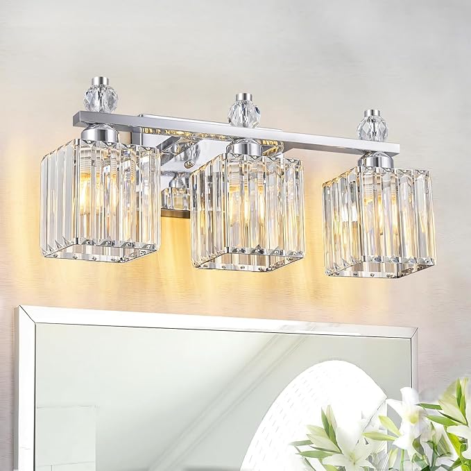 Bathroom Vanity Lights 3-Light Modern Crystal Vanity Light Chrome Bathroom Light Fixtures Over Mirror Crystal Bathroom Vanity Lighting Fixtures