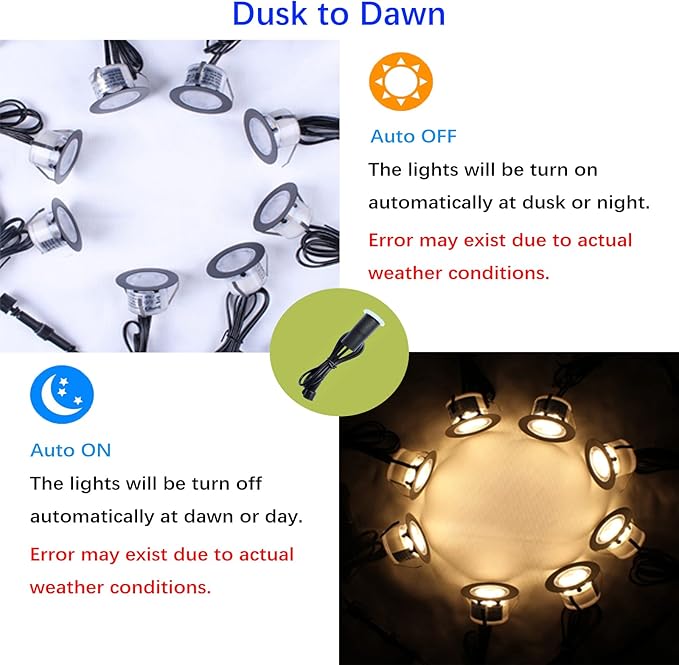 LED Outdoor Deck Lights with Photocell, Warm White Φ1.77in Low Voltage 12V DC IP67 Waterproof, Electric Wired Recessed Round Up Landscape Lighting for Yard Stair Step Floor Riser, 8 Pack Black