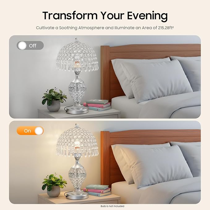 Touch Control Glass Table Lamp, K5 Crystal Nightstand Desk Lamp Vintage Desktop Bedside Lamp for Bedroom, Read, Office, Home (Silver)