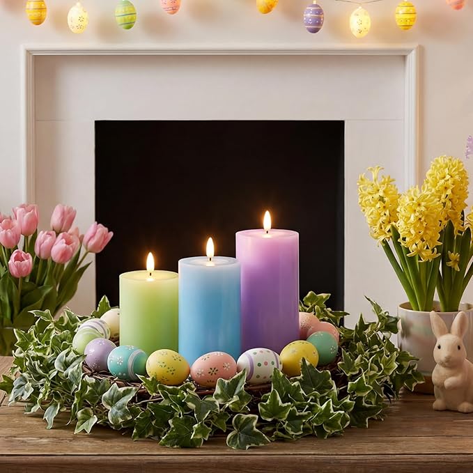 3 Pcs Easter Flameless Candles Battery Operated LED Flickering Pillar Candles with Remote Real Wax Pastel Spring Table Decor for Easter Party Wedding Table Centerpiece Home Decorations