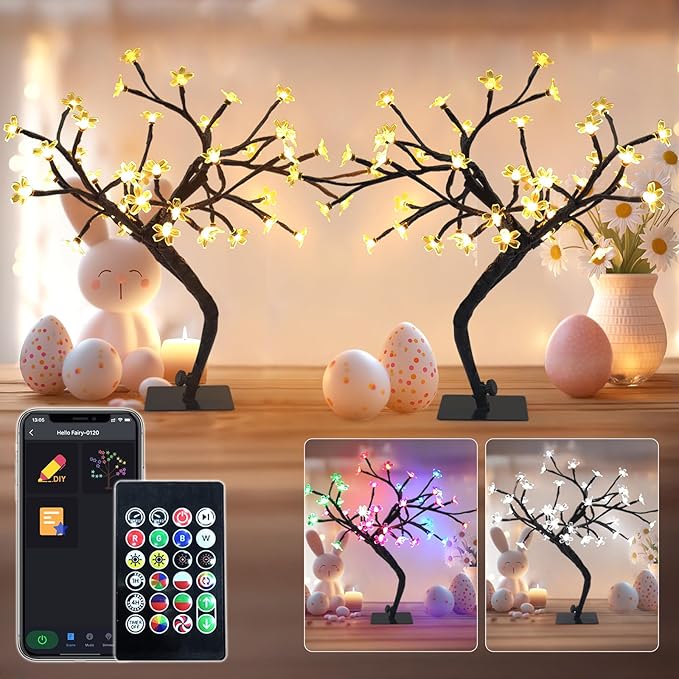 Smart LED Cherry Blossom Tree 2 Pack 16'' – App Remote Control Twinkling Bonsai Tree Music Sync & 16 Million Colors – Lighted Table Lamp for Indoor Decor, Decorative LED Spirit Tree Easter Decorations